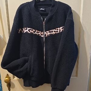 ZYIA Black Teddy Jacket with Leopard Accent